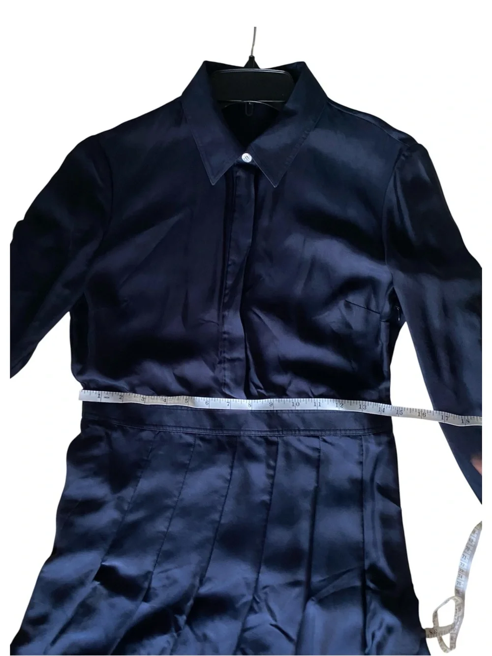 TORY BURCH SILK Navy Blue 100% Silk Pleated Midi Shirtdress long sleeve